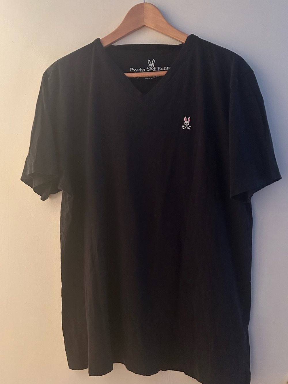 Psycho Bunny Black V-Neck Tee with Pink Logo